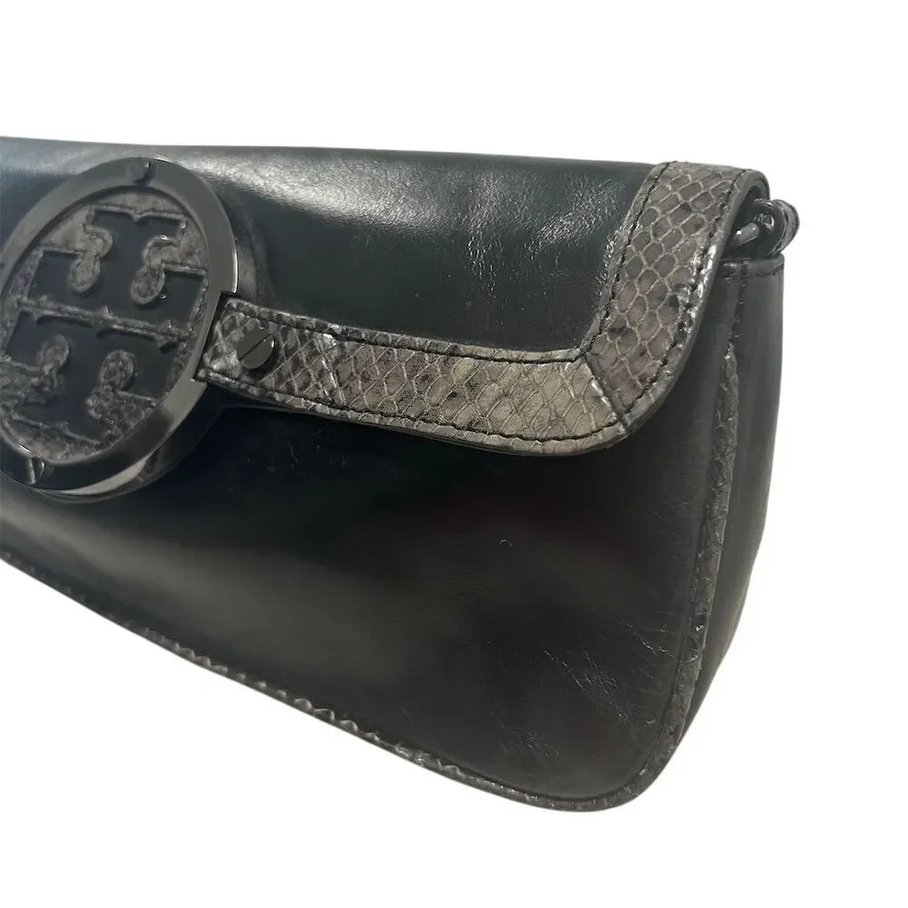 Tory Burch Women's Black Leather Clutch‎ with Snakeskin Trim